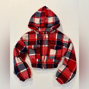 Zaful Cropped Flannel Plaid Thick Warm Bomber Red White and Blue Size 6